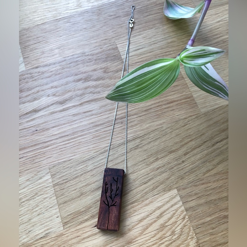 Handmade wooden tree pendant necklace with silver tone chain